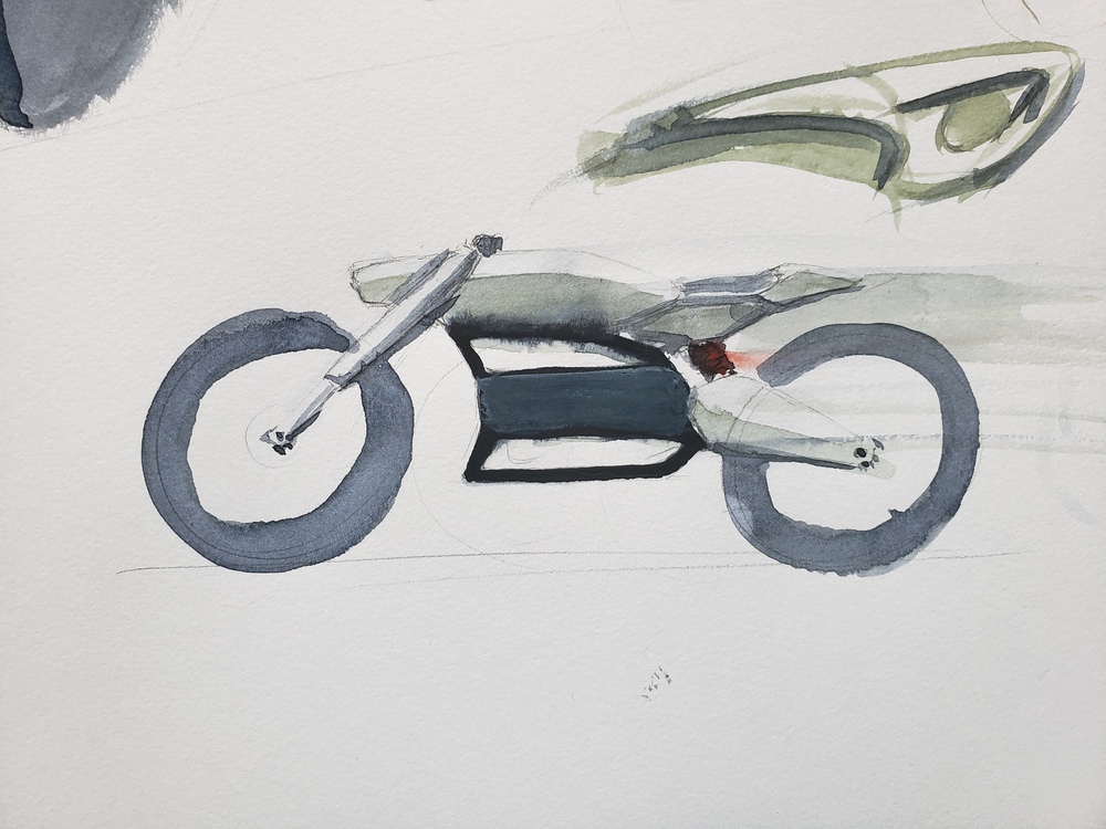 Side view watercolor sketch of motorcycle.